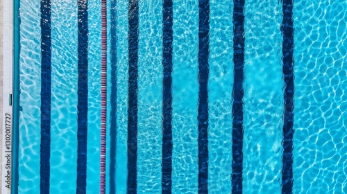overhead view of pristine swimming pool with perfect wave interference patterns, deep cobalt blue transitioning to lighter cerulean, summer sunlight creating intricate networked shadows, minimalist