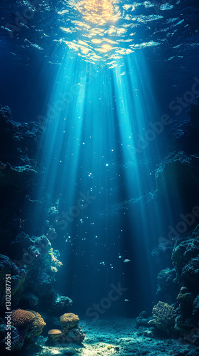 A mesmerizing view from beneath the ocean surface, capturing the interplay of light filtering through water. The low-angle perspective evokes a sense of depth, mystery, and vastness
