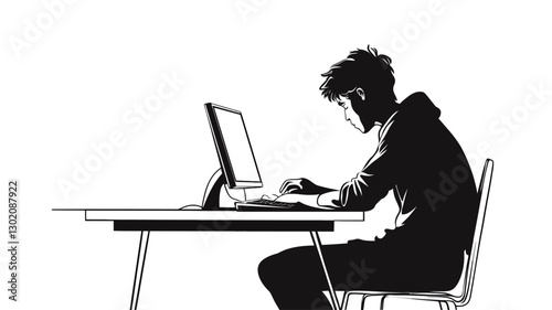 A monochrome illustration depicting a man seated at a desk, working on a desktop computer. The style is minimalist, using only black and white tones to create a silhouette effect. The image