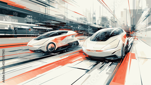 The image is a digital illustration depicting two futuristic, white, sleek cars moving at high speed along a track.  The cars have orange accents.  The background is an abstract