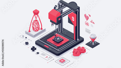 Isometric illustration depicting a 3D printer in operation. The printer is rendered in shades of black and red, with various small red objects scattered around the base, suggesting printed