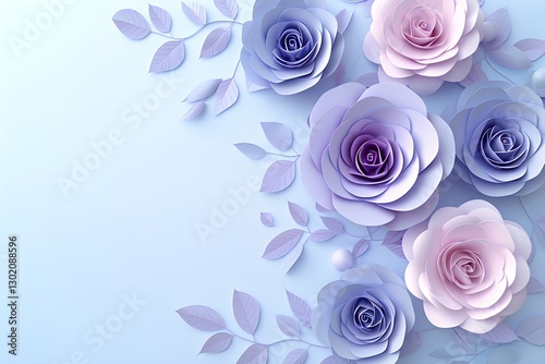 Elegant paper roses in pastel purple and pink on light blue background. Floral decor for Mother's Day, weddings, or spring celebrations. Romantic feminine craft with copy space.