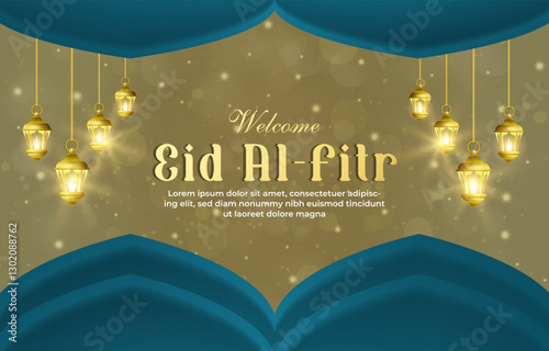 welcome eid al fitr mubarak template banner with beautiful islamic ornament with yellow background design 96