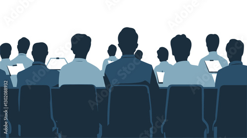 The image depicts a group of people, shown only as dark blue silhouettes, sitting in chairs facing a blank white space.  The figures are arranged in rows, suggesting an audience at a