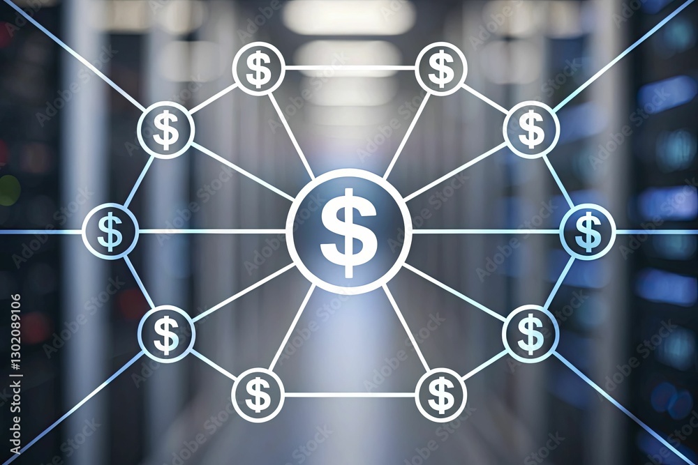Conceptual abstract art of financial networks with sleek, interconnected lines, modern symbols of wealth, and a cool gradient overlay