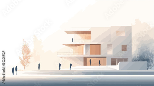 The image is a digital rendering of a minimalist, modern house. The building is primarily white with subtle variations in tone, suggesting light and shadow.  The architectural style is