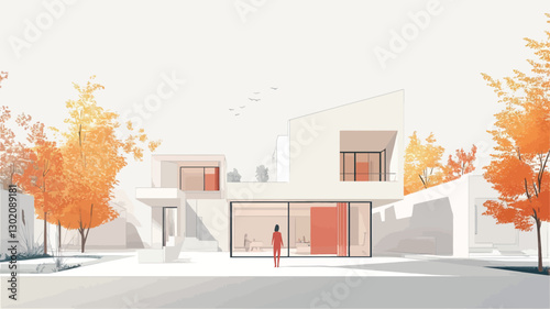A digital rendering depicts a modern, minimalist residential building. The structure is primarily white with orange accents on doors and windows.  The building features angular, geometric