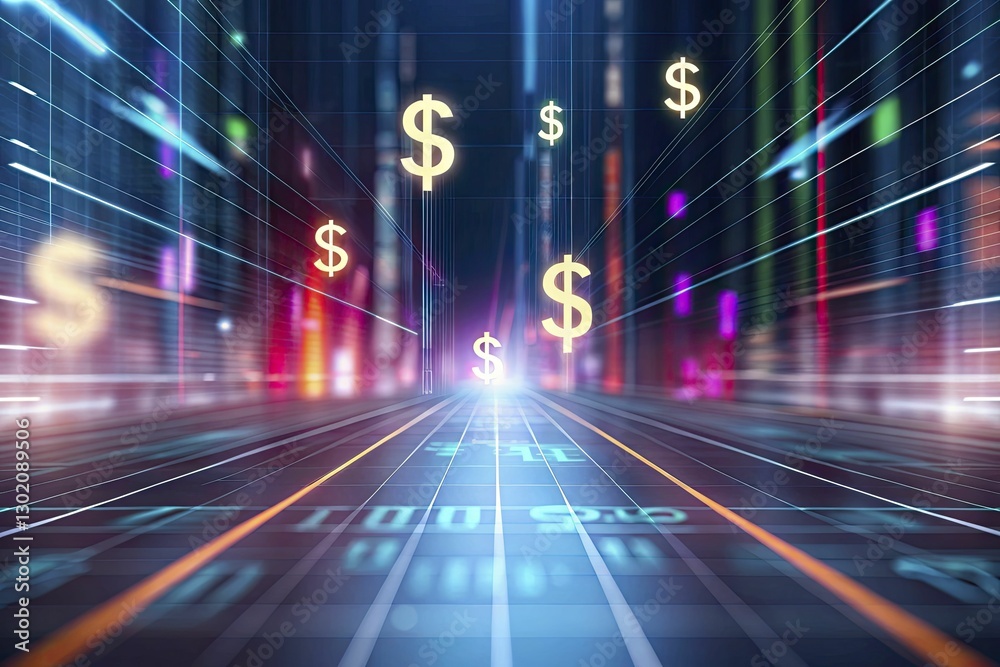 Fototapeta premium Futuristic abstract scene of shifting financial landscapes with blurred charts, floating currency glyphs, and neon streaks