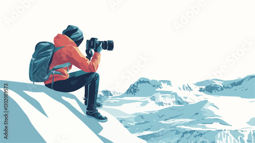 Illustration depicting a person sitting on a snow-covered mountain peak, using a DSLR camera to photograph a vast snowy mountain range in the background.  The style is a vector illustration