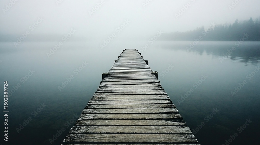 Misty Lake Dock, Still Water, Foggy Day Misty Lake Dock, Still Water, Foggy Day