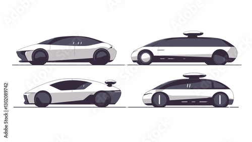 A digital illustration depicting four side profiles of futuristic car designs.  The cars are rendered in a minimalist style, primarily white with subtle grey shading, showcasing clean lines