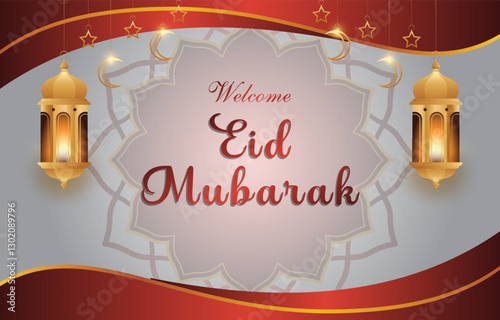 welcome eid mubarak template banner with beautiful islamic ornament with red background design 91