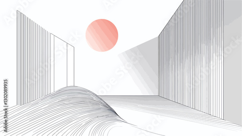 The image depicts a minimalist architectural rendering of an interior space.  The color palette is primarily white and grey, with a single, large, pale pink circular light source positioned