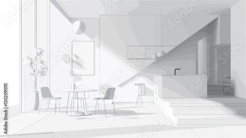 The image presents a digital rendering of a minimalist interior space.  The scene is entirely in shades of white and off-white, creating a bright and airy atmosphere.  The rendering shows