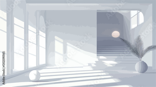 The image is a 3D render depicting a minimalist interior space. The dominant color is white, with various shades and tones creating depth. The space features tall windows allowing sunlight