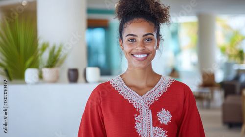 Black business woman in red dress with white embroidery smiling standing at hotel front desk