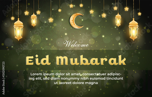 welcome eid mubarak template banner with beautiful islamic ornament with green background design 92