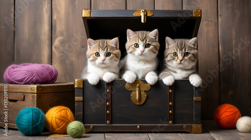 two scottish fold tabby kittens near decorative dower chest with multicolored balls of wool on a rustic background photo