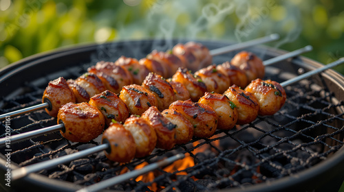Close-up of grilling tasty dish on barbecue. Process of cooking yummy shashlik in nature. Delicious food on metal skewer in bbq. Time to picnic concept.