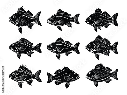 Various fish species illustration silhouette isolated on white background
