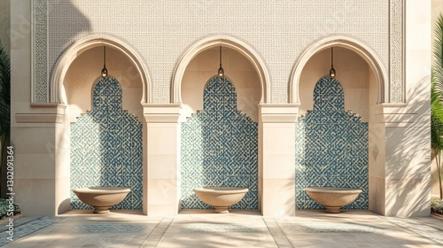 Three Blue Tiled Fountains Under Arches in a Moorish Courtyard