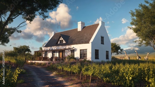 White Farmhouse in African Vineyard with Giraffes under Sunny Sky