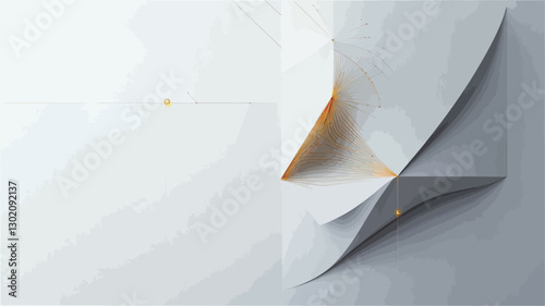 Close-up shot of an abstract sculpture crafted from white paper, exhibiting sharp folds and creases creating geometric shapes.  Small, scattered gold accents are visible, adding contrast to