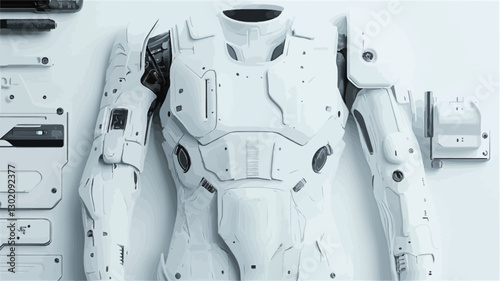 High-angle, close-up view of a disassembled white exoskeleton suit laid out on a white surface.  The suit's components are clearly visible, showing various plates, joints, and smaller