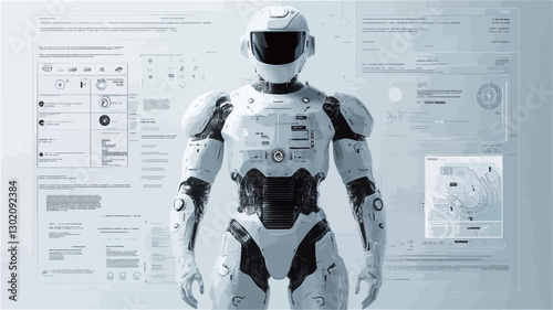 The image shows a full shot of a white humanoid robot standing in front of a large screen displaying various data charts and graphs. The robot is sleek and modern in design, with a