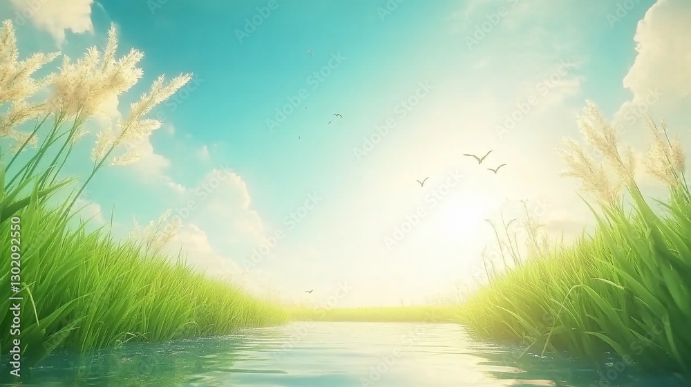 Fototapeta premium Serene sunrise over tranquil river, reeds, birds