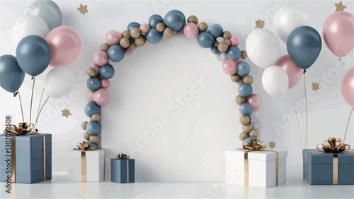 A digital illustration depicting a festive scene with a balloon arch made of pastel pink, blue, white, and gold balloons. The arch is positioned in front of a plain white wall.  Several