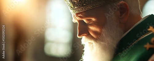 Orthodox Christian patriarch with long white beard in golden crown and green robe. Closeup profile of elderly religious leader. Christmas, Easter, Epiphany service concept.