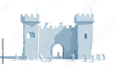 A digital rendering depicts a stylized castle rendered in shades of light blue/white. The castle is a simplified representation, with crenelated walls, towers, and a central gate. Miniature