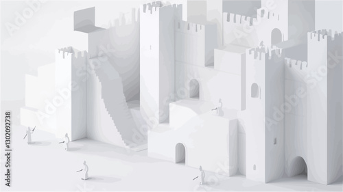 A digital rendering of a minimalist white model of a castle. The image is monochromatic, featuring various castle structures including walls, towers, and gatehouses, all rendered in a