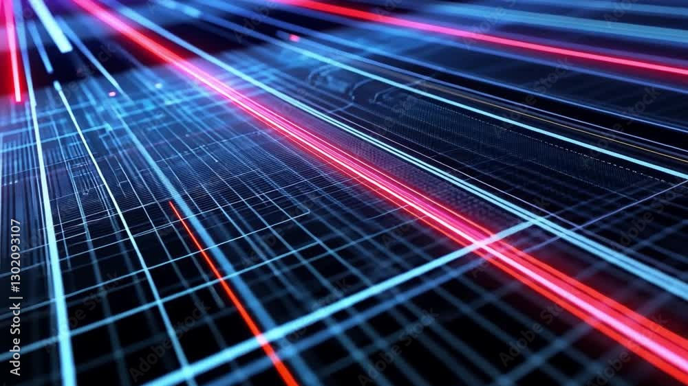 Futuristic Digital Lines Dynamic Motion Background of Neon Blue and Red Technology, Showcasing Abstract Energy and Innovation in Vibrant Patterns.