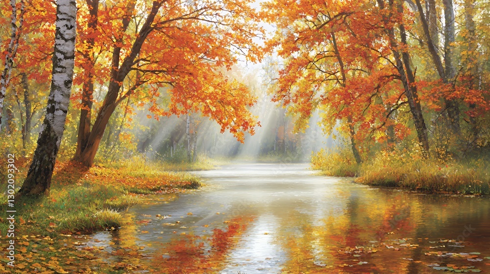 Autumnal Forest River Scene with Golden Sunlight Autumnal Forest River Scene with Golden Sunlight