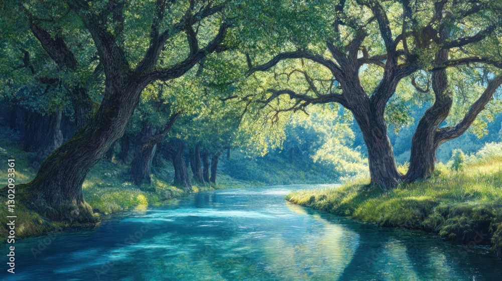 Serene River Flowing Through Lush Green Forest Serene River Flowing Through Lush Green Forest