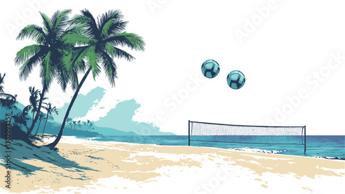 A stylized illustration depicting a beach volleyball scene.  The image features two volleyballs in mid-air above a net, set against a backdrop of a sandy beach, palm trees, and a stylized