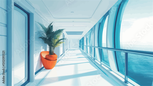 The image shows a long, brightly lit hallway or corridor in a modern building.  The walls are white or light blue, and the floor is a light-colored polished surface. Large windows along one