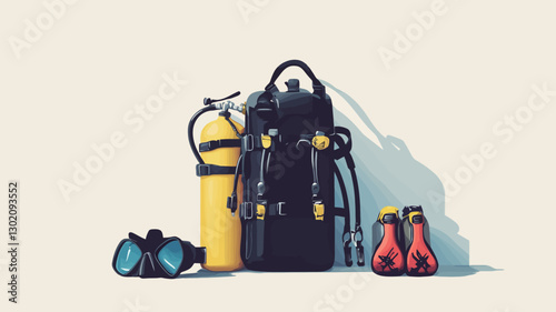 A digital illustration depicting scuba diving equipment against a light beige background. The illustration includes a yellow scuba tank, a dark-colored scuba backpack, a pair of red diving