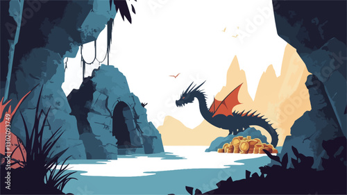 A digital illustration depicting a stylized dragon perched on a rocky outcrop near a body of water nestled within a mountainous landscape. The dragon is rendered in shades of blue and