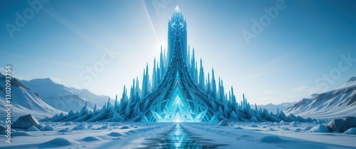 Majestic Ice Crystal City in a Frozen Landscape Fantasy Winter Scene with a path leading to a glowing gateway