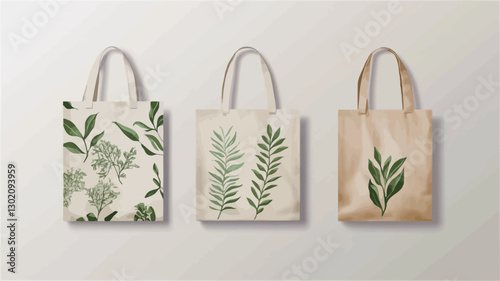 The image shows three tote bags arranged in a row against a light gray background.  Each bag is made of light-colored canvas.  The bags feature different botanical designs printed on them,