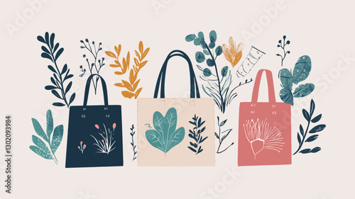 The image shows three tote bags arranged in a row against a light beige background. Each bag features a unique stylized floral or plant design in muted colors. The bags are depicted in a