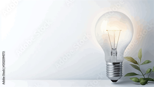 Close-up studio shot of a clear glass lightbulb with a glowing filament, positioned against a plain white background.  A small olive branch with green leaves is situated to the lower right