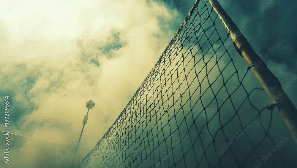 Low angle view of volleyball net against cloudy sky. Low angle view of volleyball net against cloudy sky.