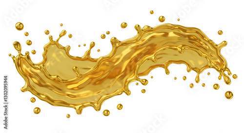 Golden oil splashes with a 3D effect, realistic lighting, and smooth edges, on a transparent background