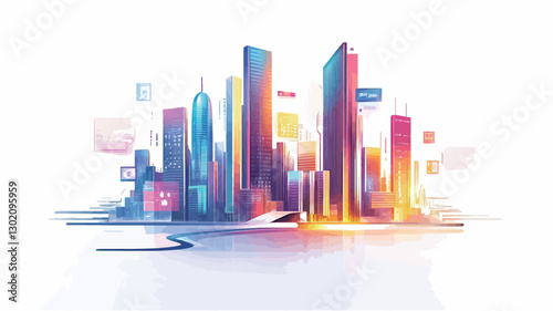 Stylized illustration of a city skyline. The image features various buildings depicted in a vibrant, abstract style with gradient colors.  Buildings are rendered with sharp edges and smooth