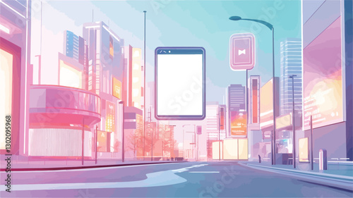 Digital illustration depicting a large smartphone with a blank white screen hovering above a stylized city street. The city is rendered in pastel pink, purple, and orange hues, with