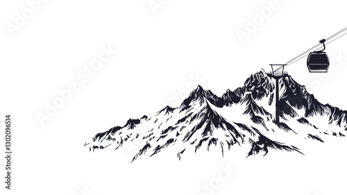 A monochrome illustration depicting a mountain range with a cable car gondola visible. The style is minimalist, using black ink lines on a white background to create a stylized